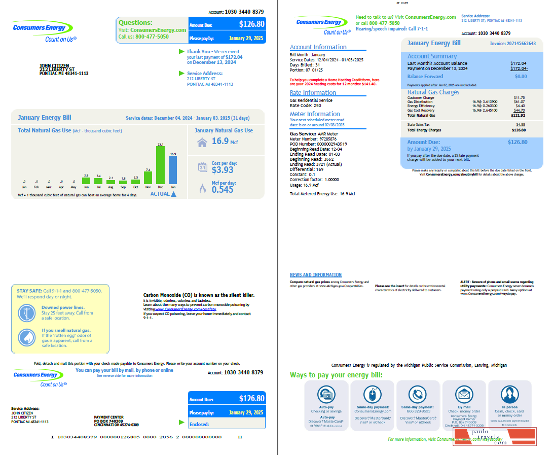 USA Consumers Energy utility bill template in Word and PDF formats, 2 pages, vesion 3